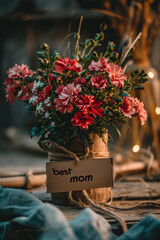 A rustic bouquet with "best mom" tag, perfect for Mother's Day