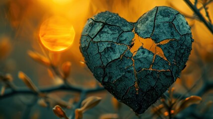  a broken heart shaped piece of wood sitting on top of a leafy branch in front of a yellow sun.