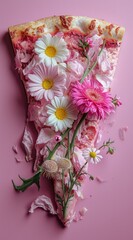 A whimsical concept of a pizza slice adorned with fresh flowers on a pink background