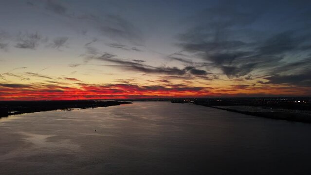 Aerial View of a Fire Sky Sunset over Delaware River
