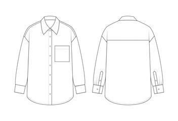 Vector fashion technical drawing of an oversized button-down shirt with front and back view. Long sleeved. Front pocket. Woven fabric.