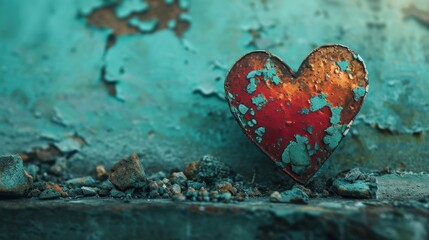  a rusted heart shaped object sitting on top of a cement floor next to a green and rusted wall.