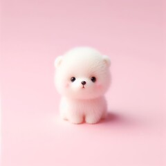 Fototapeta na wymiar Сute fluffy white baby teddy polar bear toy on a pastel pink background. Minimal adorable animals concept. Wide screen wallpaper. Web banner with copy space for design.