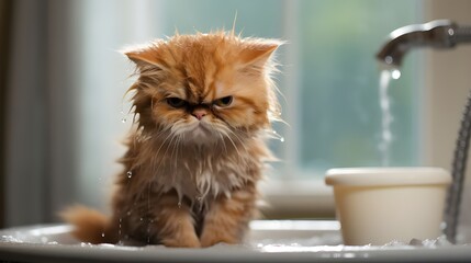 Funny grumpy wet cat after shower. Cute adorable kitten is mad angry to take a bath. Creative animal pet humorous message card banner or pet hygiene concept background.