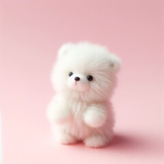 Obraz premium Сute fluffy white baby teddy polar bear toy on a pastel pink background. Minimal adorable animals concept. Wide screen wallpaper. Web banner with copy space for design.