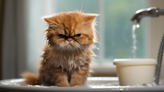 Angry wet cat after shower, cute adorable kitten is unhappy to take a bath. Funny pet animal joke message card banner or pet hygiene concept. 