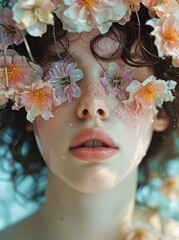 A young woman's face adorned with delicate flowers on a watery surface