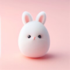 Cute fluffy white egg shaped Easter bunny toy on a pastel pink background. Minimal Easter holiday concept. Wide screen wallpaper. Web banner with copy space for design.
