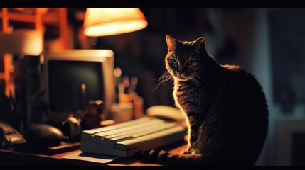  a cat sitting on top of a wooden desk next to a keyboard and a monitor on a desk next to a lamp.