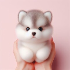 Fototapeta na wymiar Сute fluffy Siberian Husky puppy toy sitting in the hands on a pastel pink background. Minimal adorable animals concept. Wide screen wallpaper. Web banner with copy space for design.