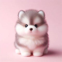 Fototapeta na wymiar Сute fluffy Siberian Husky puppy toy on a pastel pink background. Minimal adorable animals concept. Wide screen wallpaper. Web banner with copy space for design.