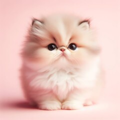 Сute fluffy white baby Persian cat toy on a pastel pink background. Minimal adorable animals concept. Wide screen wallpaper. Web banner with copy space for design.