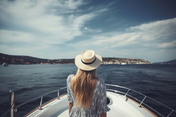 Rear view of woman traveling on yacht, Mediterranean summer, woman on yacht, faceless travel footage, summer travel, European travel
