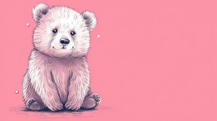  a drawing of a small white bear sitting on the ground with its paws on the ground, with a pink background.