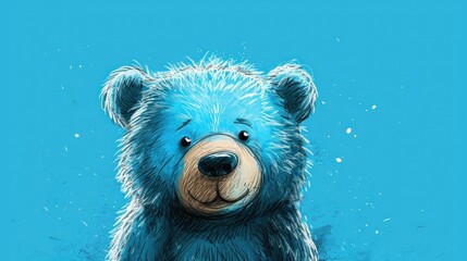  a drawing of a blue teddy bear on a blue background with a splash of water on it's face.