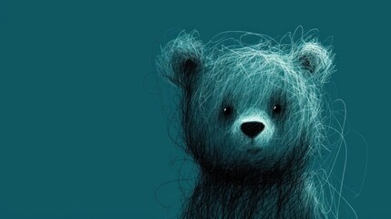  a close up of a teddy bear with a blurry look on it's face and hair blowing in the wind.
