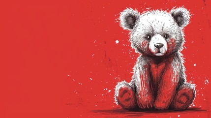  a drawing of a teddy bear sitting in front of a red background with a grungy look on its face.