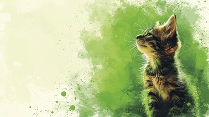  a small kitten sitting on top of a green and white paint splattered wall next to a green and white background.