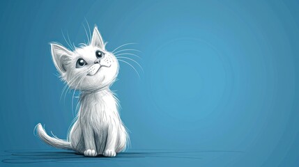  a drawing of a cat with a sad look on it's face, sitting in front of a blue background.