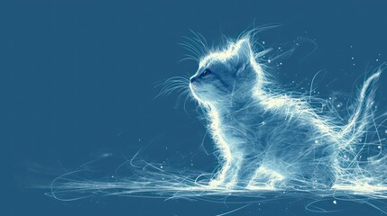 a white cat sitting on top of a blue floor next to a light blue wall with white lines on it.