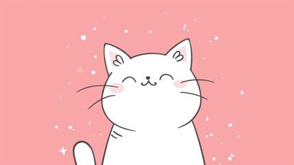  a white cat with its eyes closed sitting in front of a pink background with snow flakes on the ground. - obrazy, fototapety, plakaty