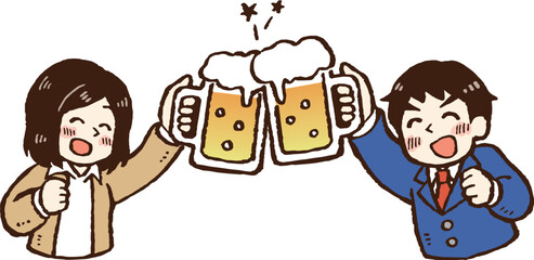 ジョッキに入ったビールで乾杯する会社員の男女のイラスト