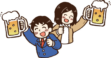 ビールジョッキを手に背中合わせで乾杯の音頭を取る会社員の男女のイラスト