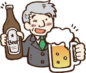 ジョッキに入ったビールを差し出すサラリーマンのおじさんのイラスト