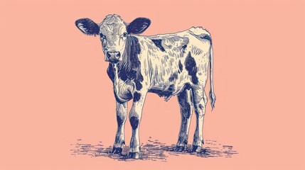  a black and white cow standing on top of a grass covered field in front of a pink and blue background.