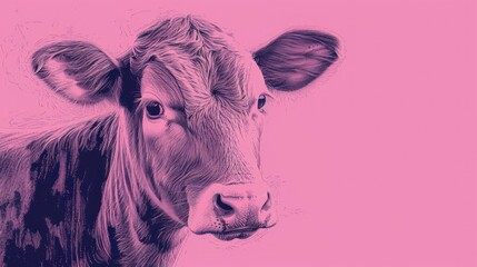  a close up of a cow's face on a pink background with a black and white cow's head.