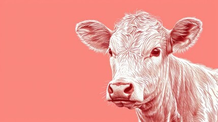  a close up of a cow's face on a pink background with a white cow in the foreground.