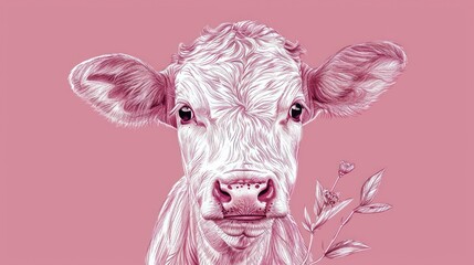  a close up of a cow's face with a plant in the foreground and a pink background behind it.