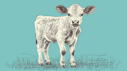  a drawing of a cow standing on top of a grass covered field with a blue sky in the back ground.