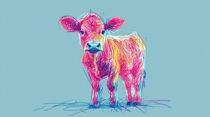  a drawing of a pink cow standing on top of a grass covered field with a blue sky in the background.
