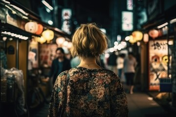 Rear view of woman walking in Tokyo street at night, woman traveling in Japan in the summer, woman...