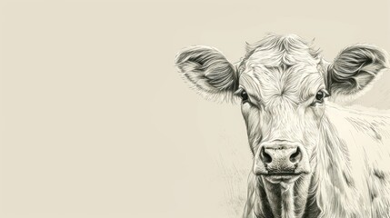  a black and white drawing of a cow looking at the camera with a sad look on it's face.