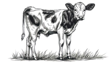  a black and white drawing of a cow standing in a field of grass with a tag in it's ear. - obrazy, fototapety, plakaty