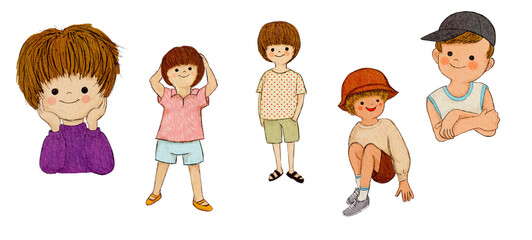 元気な子どもの手描きイラスト　無邪気な男の子、笑顔