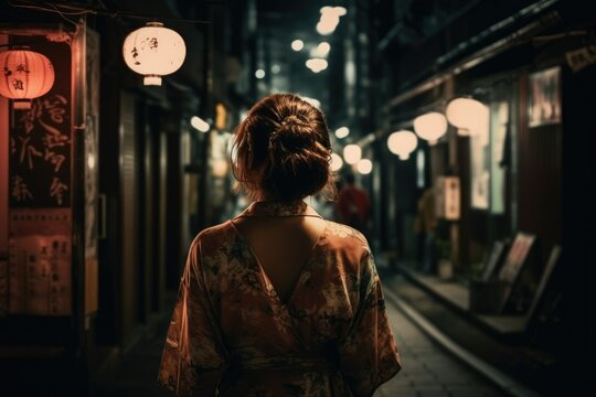 Rear view of woman walking in Tokyo street at night, woman traveling in Japan in the summer, woman looking at the scenery in Japan, faceless travel footage, summer travel, travel in Asia
