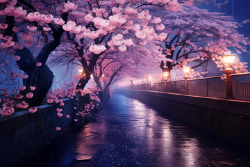 Spring Awakening: Bright and Fresh Landscape Illustration with Cherry Blossom Japan