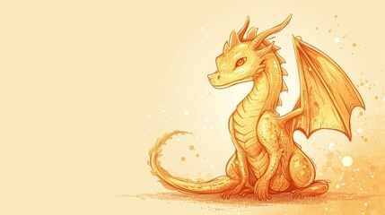  a drawing of a yellow dragon sitting on the ground in front of a light yellow background with bubbles around it.