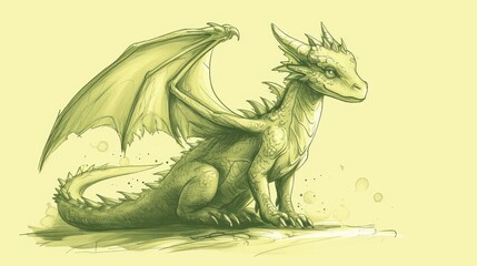  a drawing of a green dragon sitting on top of a piece of paper in front of a light yellow background.
