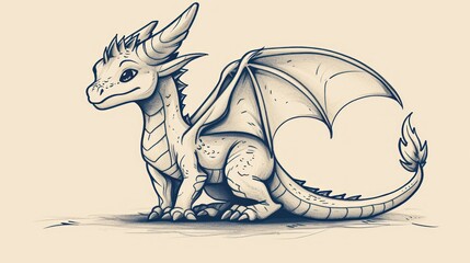  a black and white drawing of a dragon sitting on the ground with its head turned to look like it's coming out of the water. - obrazy, fototapety, plakaty