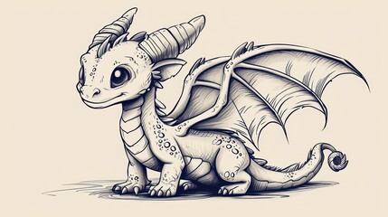  a black and white drawing of a dragon with horns on it's head and wings, sitting on the ground.