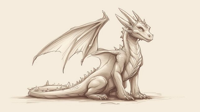  a drawing of a dragon sitting on the ground with its wings spread out and its head turned to the side.