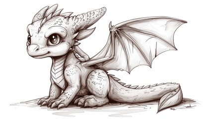  a drawing of a baby dragon sitting on the ground with its wings spread out and eyes wide open, looking like a baby dragon. - obrazy, fototapety, plakaty