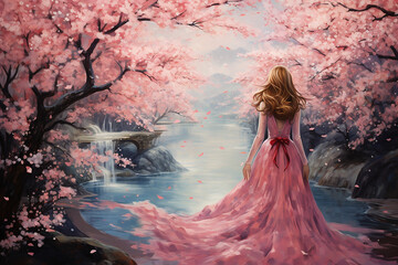 Spring Awakening: Bright and Fresh Landscape Illustration with Cherry Blossom Japan