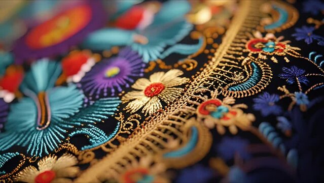 Closeup of intricate embroidery showcasing motifs of peace and tranquility.