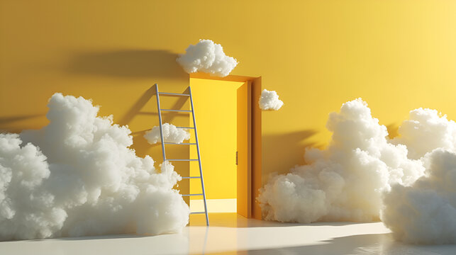 A vibrant yellow backdrop is adorned with white clouds drifting across the sky, creating a striking contrast with a yellow door in the foreground. AI generative.