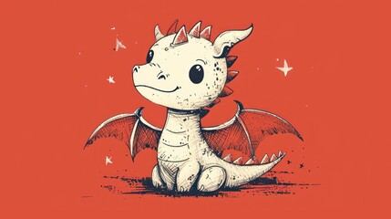  a drawing of a dragon with a crown on it's head and wings, sitting on a red background.